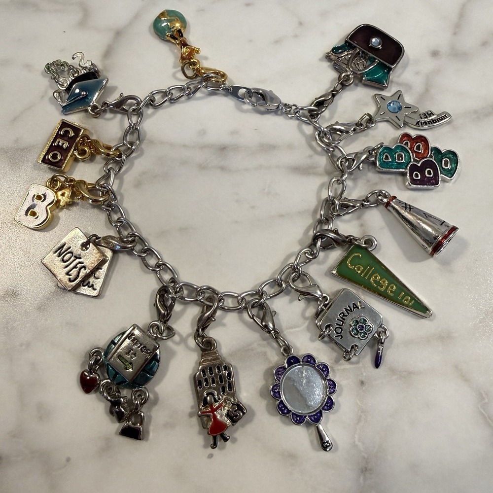 Y2K Girl Scouts Studio 2B Enamel Loaded Charm Bracelet Silver Tone 8"
